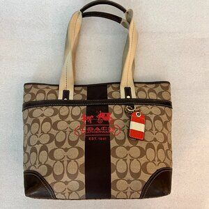 NEW Coach Signature Khaki Heritage Stripe Coated Canvas Shoulder Tote Bag Purse